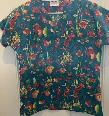 Vintage Landau Scrub Top Small Tropical Fish Sea Life aquarium Bright Colors I4 - Image 1 of 4