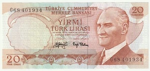 L. 1970 (1974) TURKEY, 20 LIRA, BLACK SIGNATURE, CRISP UNC BANKNOTE, P-187a - Picture 1 of 2