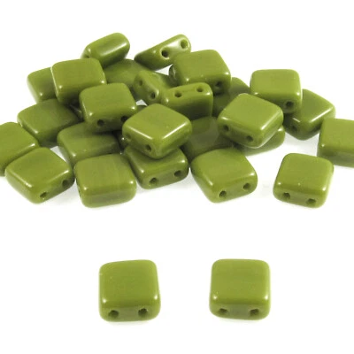 50 Opaque Green Square Tile Beads, 6mm 2-Hole Czech Glass Beads for Bracelets - Image 1 of 3