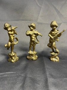 Vtg Brass Figurines Boys Playing Musical Instruments Lot Of 3 Taiwan - Picture 1 of 7