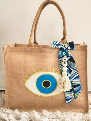 Sequin White Evil Eye Jute Beach Bag W Beaded Tassel Charms Bohemian Print Scarf - Image 1 of 4