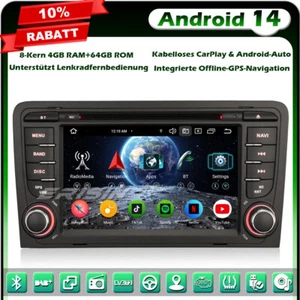 64GB Android 14 Autoradio GPS Navi CarPlay Für AUDI A3 S3 RS3 RNSE-PU DAB+Canbus - Bild 1 von 24