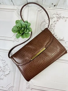 Vintage 1980s Brown Croc Faux Leather Shoulder Bag Embellished Medium Size - Picture 1 of 10