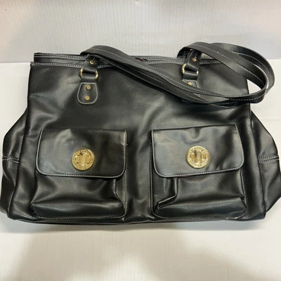 Bolsa tote satchel preta ISAAC MIZRAHI forro rosa muitos bolsos - Imagem 1 de 4