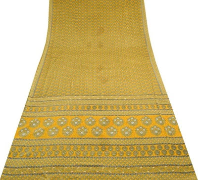 Sushila Vintage Mustard Scrap Saree Blend Crepe Silk Printed Flroal Sari Fabric - Image 1 of 4