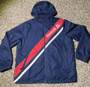 Retro Style Reebok Windbreaker Track Jacket Red White Blue Logo Spellout Mens XL - Picture 1 of 8