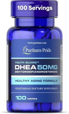 Suplemento dietético Puritan's Pride DHEA 50 mg, promueve el metabolismo del azúcar 100 unidades Foto 1 de 4