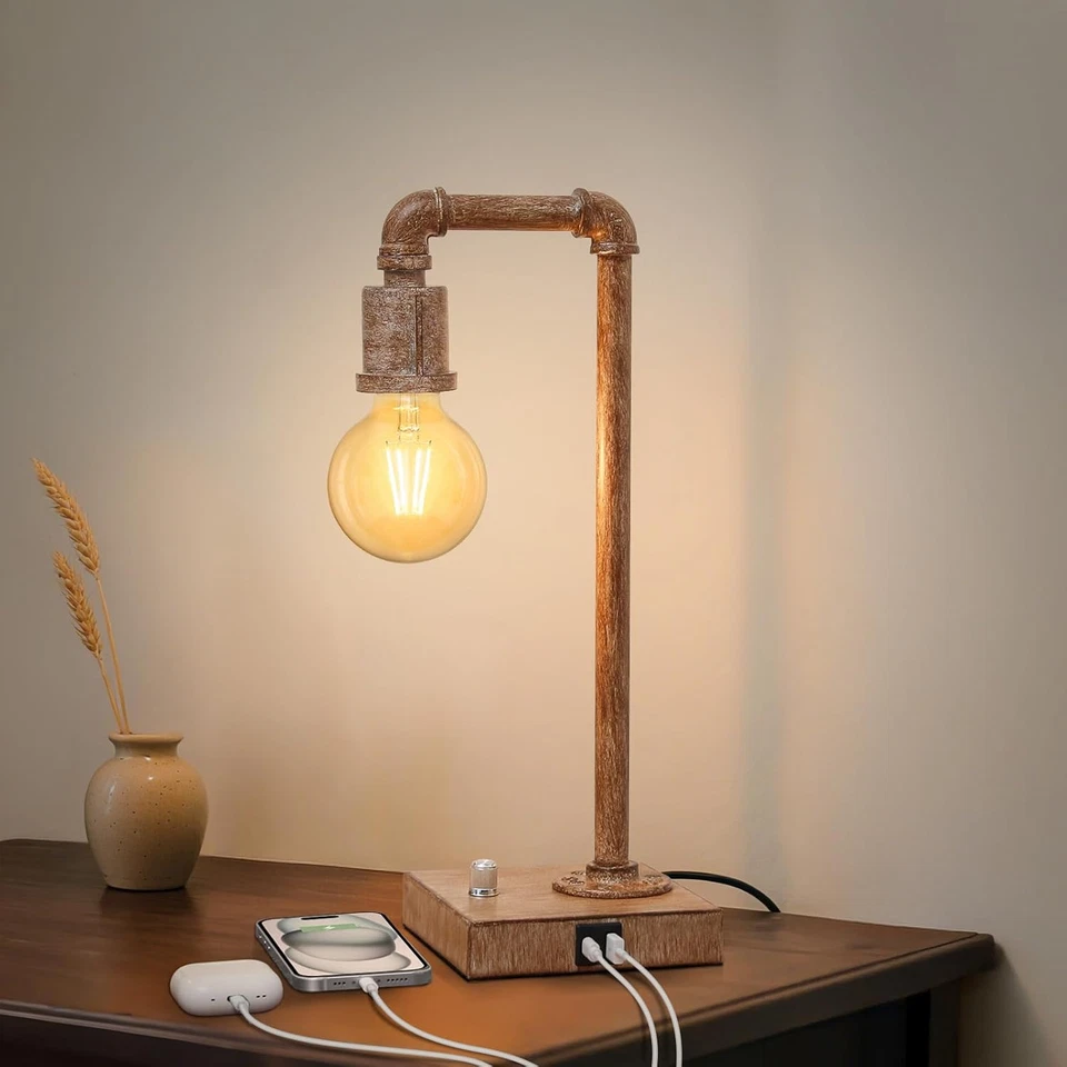 Lámpara de mesa Steampunk para tubo de agua con puertos USB C+A, mesita de noche regulable continua Foto 1 de 4