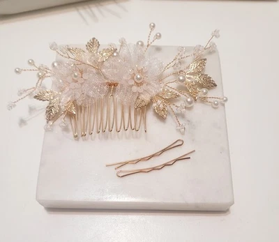 Peine de pelo dorado para boda hojas doradas perlas de imitación alambre dorado nupcial  Foto 1 de 3