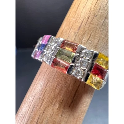NUEVO Anillo Multi Zafiro y Moissanita en Rodio Sobre Plata de Ley Talla 5 Foto 1 de 4