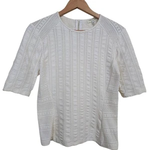 Rag & Bone Top Cream Fitted Mixed Textured Stretch Zip Back Short Sleeve Medium - Picture 1 of 9