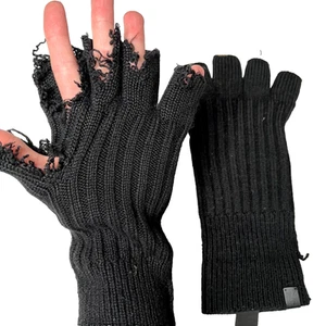 Guantes AllSaints Tejidos Sin Dedos Negros Lana Acanalada Invierno Rasgados Desgastados - Imagen 1 de 8