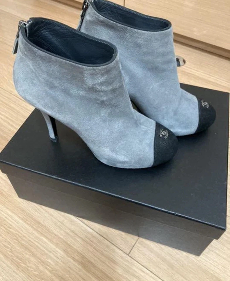CHANEL Gray With Black Cap Suede Short Boots  With Coco Logo  Size 36.5 US 6 - Image 1 of 4