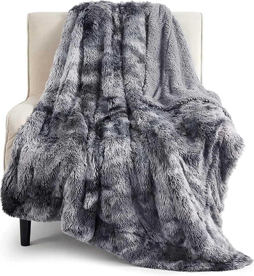 Bedsure Soft Fuzzy Faux Fur Shaggy Blanket Throw Reversible 50x60 Grey