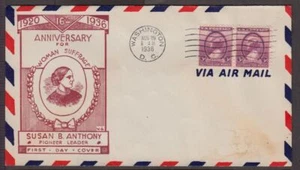 1936 Susan B. Anthony women's suffrage Sc 784-3h VG cachet maroon, airmail env. - Picture 1 of 1