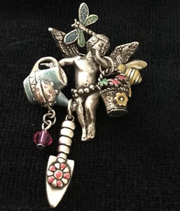 Vtg KIRKS FOLLY Brooch CHERUB GARDEN ANGEL Dragonfly Bee Ladybug Flower 3” PIN - Picture 1 of 2