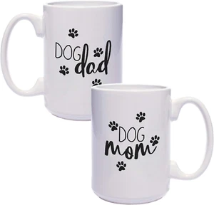 Dog Mom Dog Dad Mugs/Funny Gift Set for Dog Lovers / 15 Ounce White Coffee Cup D - Picture 1 of 6