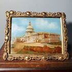 Peinture antique inversée de l'échafaudage du Capitole américain dans cadre en laiton étain orné 7" x 9"