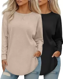 2 Pack Women's Long Sleeve Shirts Loose Fit Crew Neck Tunic Tops Loose Fit Si... - Picture 1 of 9