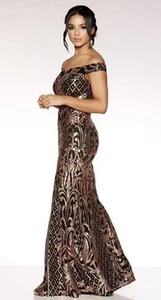 QUIZ BLACK GOLD SEQUIN EVENING PARTY MAXI DRESS SIZE 14 WEDDING CRUISE GOWN. - Picture 1 of 10