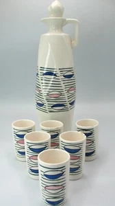MCM 1950's 1960's Retro Hand Painted Ceramic Decanter Set 6 Cordials Atomic Era - Picture 1 of 13