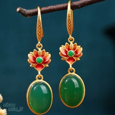 Pendientes colgantes esmaltados flor de loto verde jade tono dorado joyería Foto 1 de 3