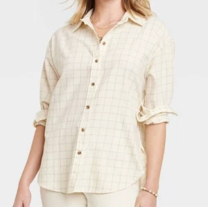 Women's Long Sleeve Oversized Button-Down Shirt - Universal Thread Cream Plaid L - Picture 1 of 11