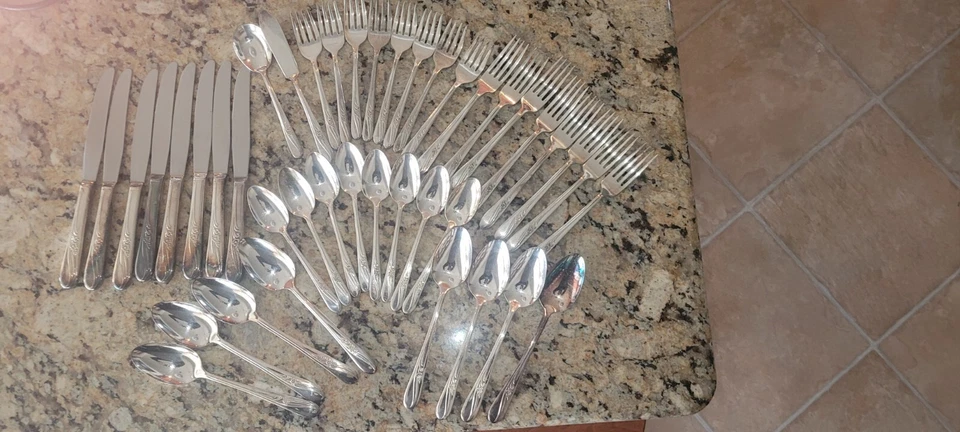  H & T MFG CO ВИНТАЖНЫЙ 1940 ЛУГОВОЙ ЦВЕТОК ПОСЕРЕБРЕННЫЙ набор из 8 столовых приборов - Изображение 1 из 4