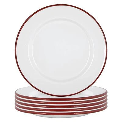 6X Plaques dîner émail blanc métal Plats camping plein air 25.5cm rouge - Photo 1/4