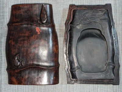 清代纪晓岚铭歙砚紫檀木雕竹节盒 Antique Ji Xiaolan Carved Bamboo Sheyan Inkstone Zitan Wood Case - Image 1 of 4