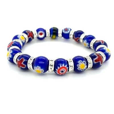 Elegante pulsera elástica con cuentas de vidrio con flores de mal de ojo azul de 10 mm con circonita cúbica Foto 1 de 4