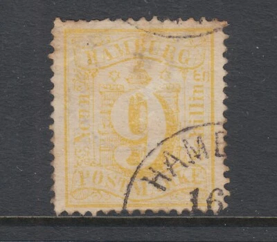 Hamburg Sc 21 used. 1864-65 9s yellow Numeral, perf 13½, Hamburg CDS, thin - Image 1 of 2