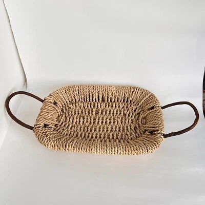 Rope Weave Whicker Oblong Flat Basket Tray  W/Wood Handles 15” X 11” Cottagecore - Image 1 of 4