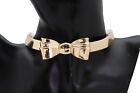 Women Gold Metal Fashion Jewelry Short Choker Necklace Bow Charm Ribbon Pendant