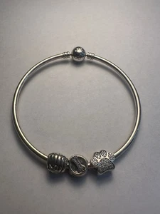 Pandora 925 Sterling Silver 8” Bangle Bracelet w/ 3 Charms 20.16g - Picture 1 of 7
