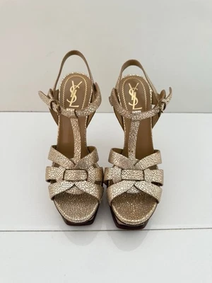 SAINT LAURENT Gold Textured Leather Tribute Platform Heels 37.5/7.5 - Image 1 of 4