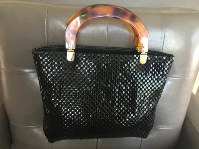 Vintage 70's Black tone mesh purse with brown lucite acrylic handle bars - Image 1 of 4