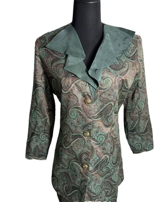 Vintage Paisley printed  Set Top and Skirt Green Brown Retro Women's Size 12 - Image 1 of 4