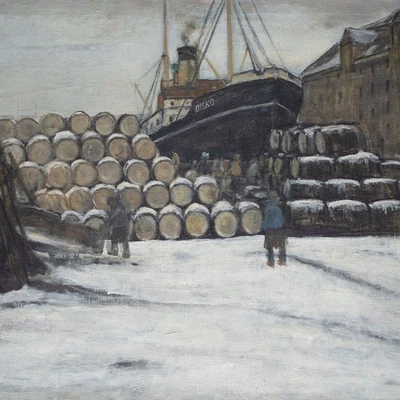 Hafen Frachter Kunst Dänemark Otto Nielsen sign gerahmt Gemälde Öl Leinwand 1948 - Bild 1 von 4