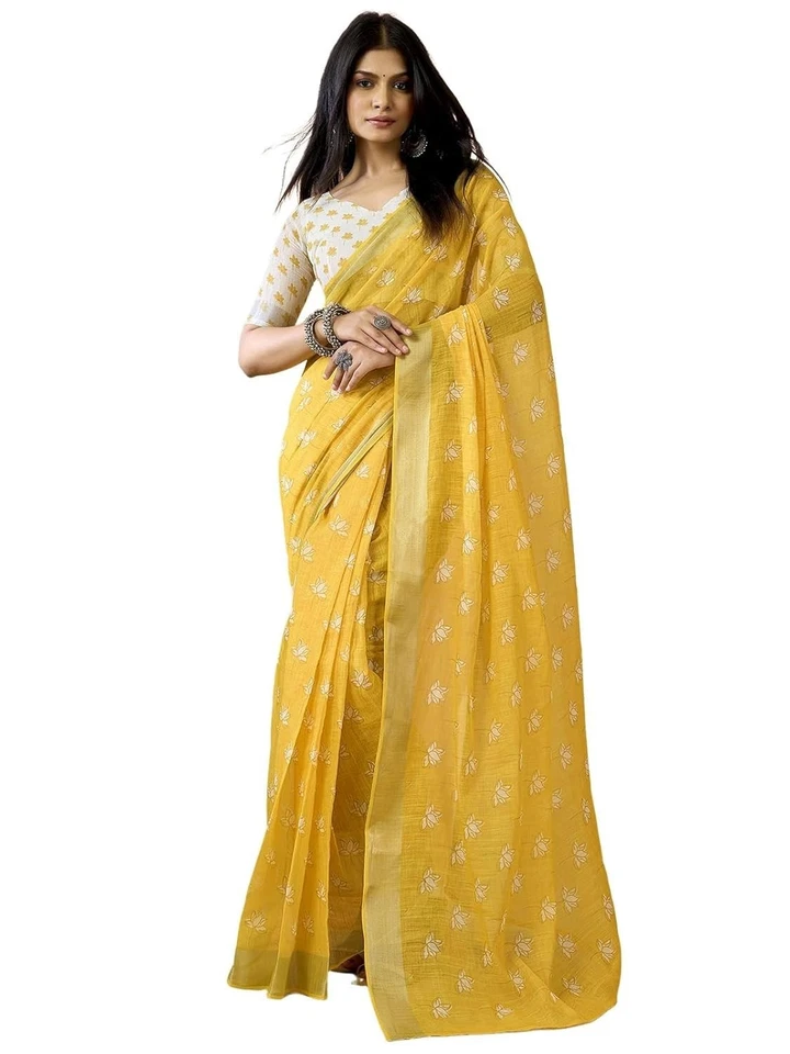 Sari para mujer estampado de lino y borde Zari listo para usar un minuto precosido Foto 1 de 1