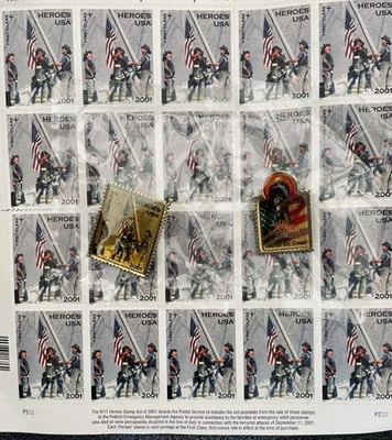 Unused 2001 Heroes Commemorative Stamps And 2 Pins-Heroes USA & We The People - Image 1 of 4