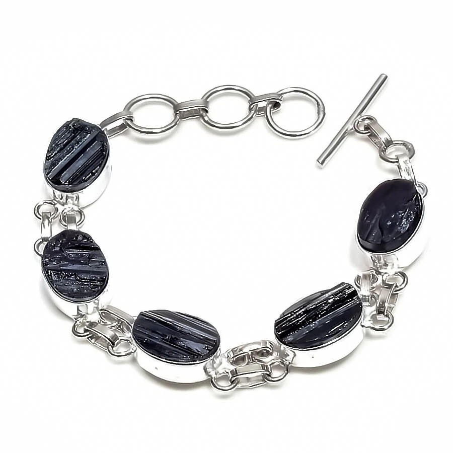 Brazalete de joyería de plata de ley 925 hecho a mano con piedras preciosas de turmalina negra talla 7-8" Foto 1 de 1