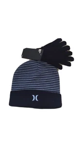 HURLEY Kids YOUTH Blue Stripes Hat & Solid Blue Gloves 2 Piece SET - Picture 1 of 7