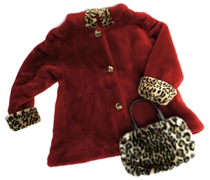 Girls Set Deep Red Plush Jacket Hooded Leopard Faux Fur and Leopard Purse - Picture 1 of 9