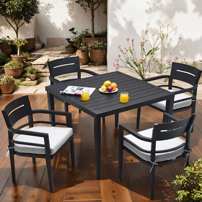 5-Piece Aluminium Patio Dining Set Square Outdoor Table +4 Chairs Backyard Black Foto 1 de 4