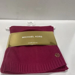 $88 New MICHAEL KORS RIB SCARF HAT BELLYBAND DEEP FUCHSIA Color GIFT SET - Picture 1 of 12