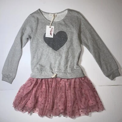 JESSICA SIMPSON Dress Girls Sz M Gray Pink Heart Dot Tulle Skirt NWT - Image 1 of 4