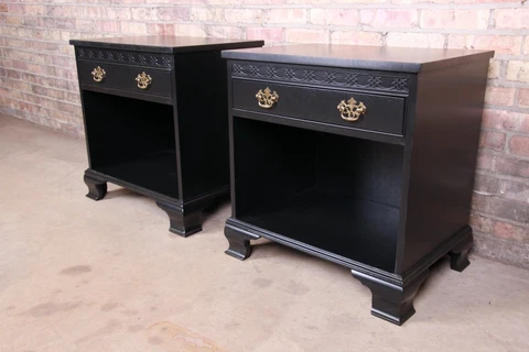 Baker Furniture Chippendale Black Lacquered Nightstands, Newly Refinished Cover