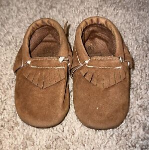 Brown 100% Leather Infant Baby Moccasins Fringe Slip On shoes 