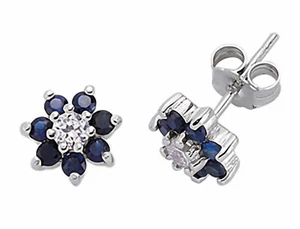 Sapphire Cluster Stud Earrings Sterling Silver Rhodium Plate 925 Hallmark 8mm - Picture 1 of 2